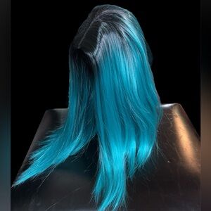 Aqua blue black roots short bob shoulder length faux hair wig